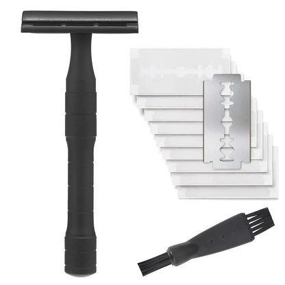Traditional alloy double-edged safety razor with replaceable blades in choice of colours including black, silver, and rose gold.