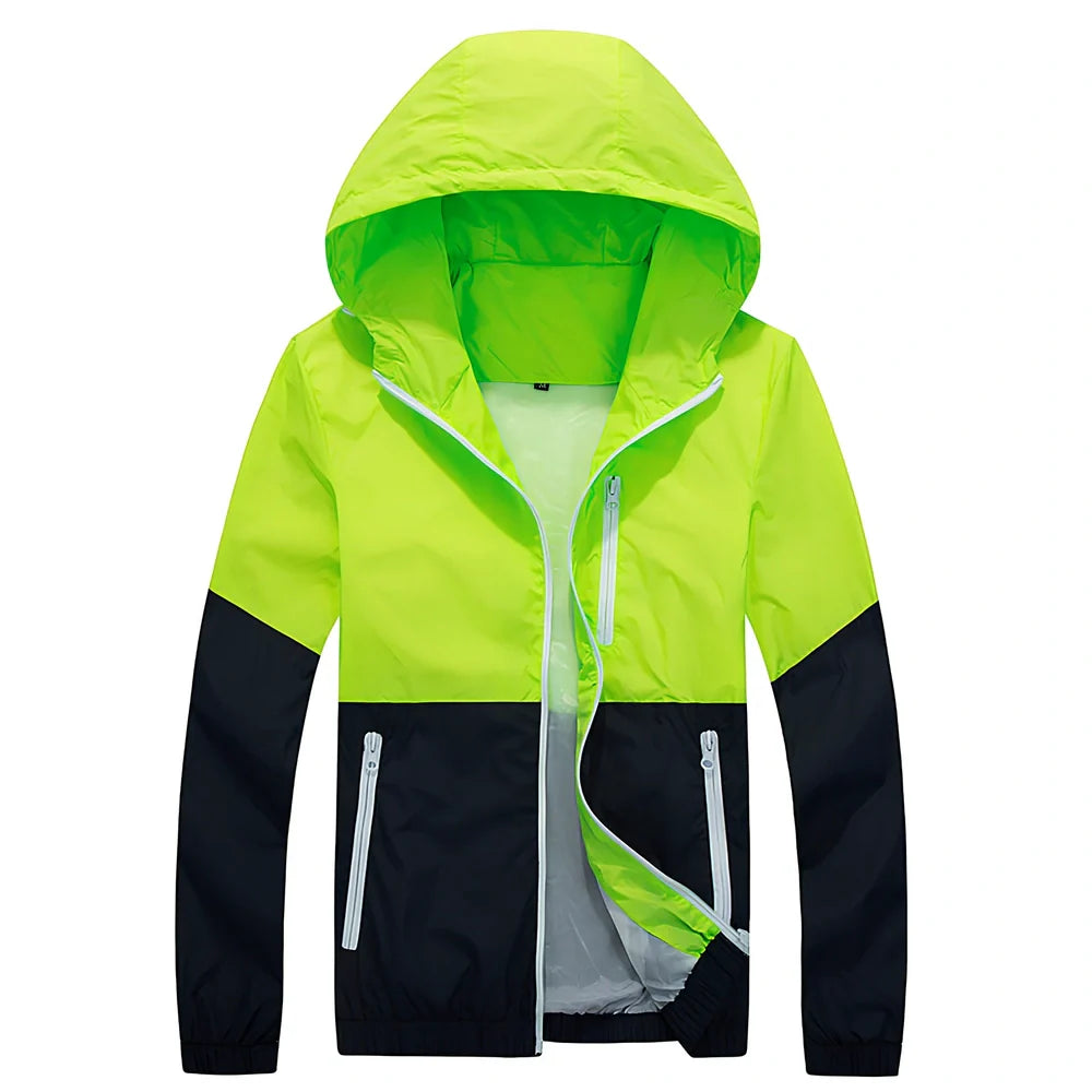 Men's lightweight hooded trench jacket in multiple colours showing front zip and hood design