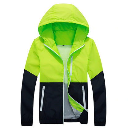 Men's lightweight hooded trench jacket in multiple colours showing front zip and hood design