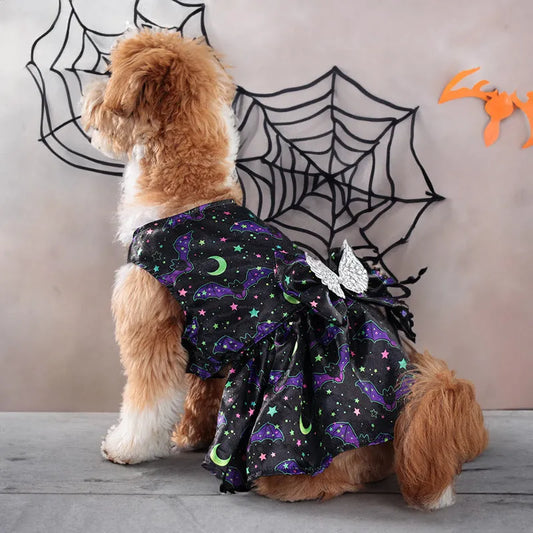 Angel wings Halloween dog costume in bright pumpkin or bat design, lightweight polyester fabric, sizes S to XL