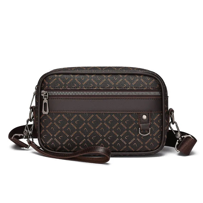 Men's black geometric pattern PU leather messenger bag with handheld horizontal design
