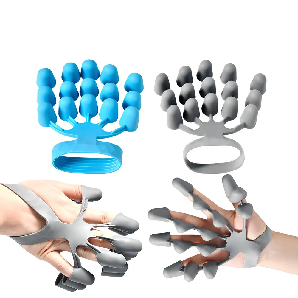 Black silicone finger tensioner with adjustable gears for strength training, showing 14cm size
