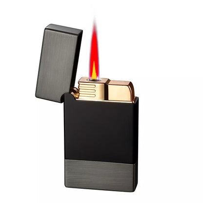 Metal Steel Windproof Gas Lighter in black brushed, gold brushed, and bright silver finishes