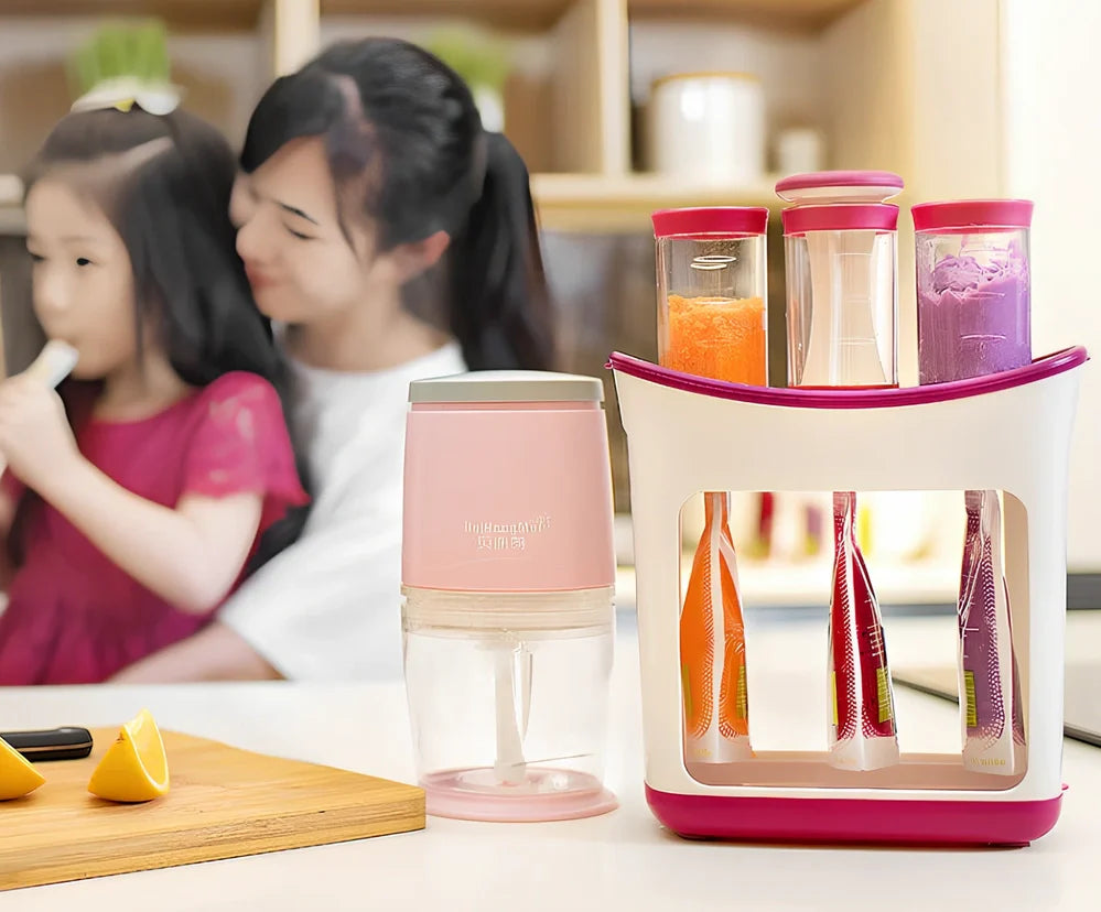 Baby food squeeze station pressing puree into 4-ounce pouch with ABS construction measuring 18x9x22cm
