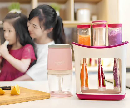 Baby food squeeze station pressing puree into 4-ounce pouch with ABS construction measuring 18x9x22cm