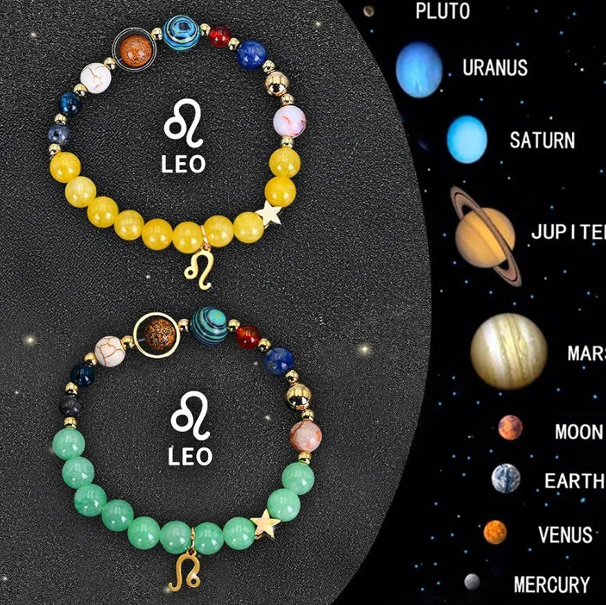Two natural stone beaded bracelets with zodiac signs on adjustable cords, 8mm beads