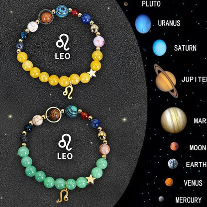 Two natural stone beaded bracelets with zodiac signs on adjustable cords, 8mm beads