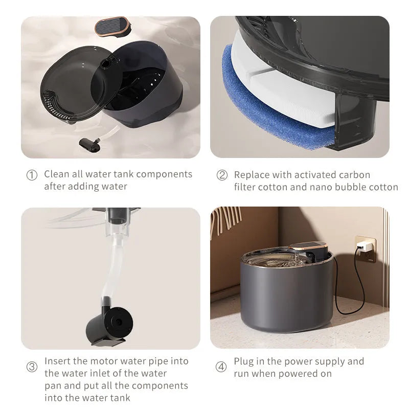 Automatic pet water fountain with USB power cable, mute water flow feature for cats and dogs