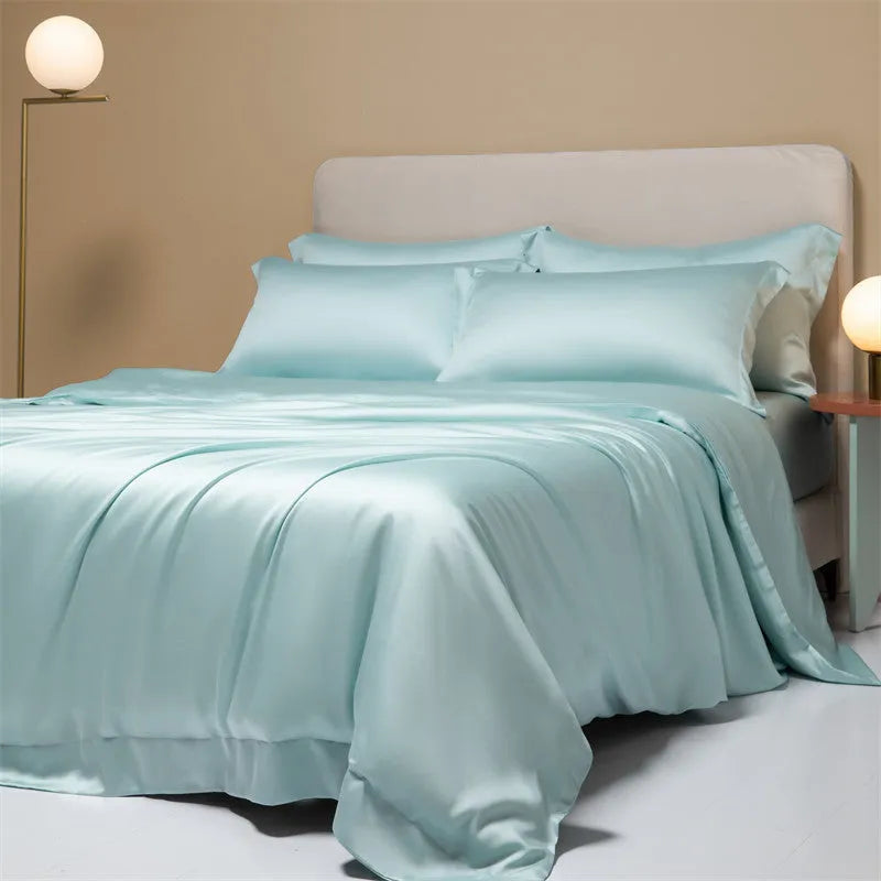 Luxury Lenzing Tencel quilt sheets set in Aurora Blue with 200 thread count twill weave and UK sizing