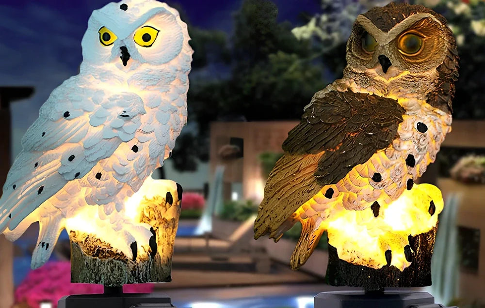 Brown solar owl garden light measuring 45cm height with solar panel on top for outdoor LED illumination