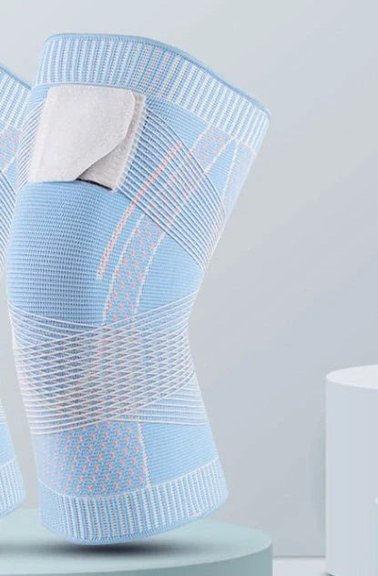 Nylon sports knee pads with adjustable strap in pink, blue, black, and dark green colors