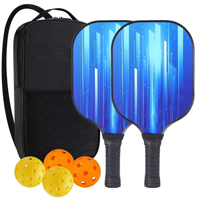 Peak Racket fibreglass squash set showing two rackets and four balls for complete playing equipment
