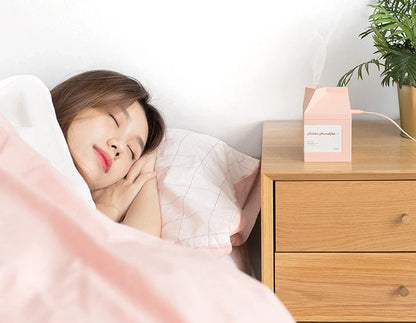 White milk carton shaped USB humidifier with 260ml capacity measuring 75mm x 75mm x 113mm