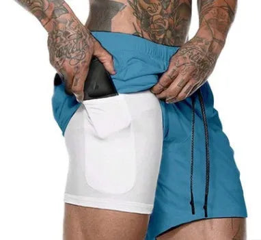 Pocket compression shorts in nylon, moisture-wicking and quick-drying, available in multiple colours and sizes S to 3XL.