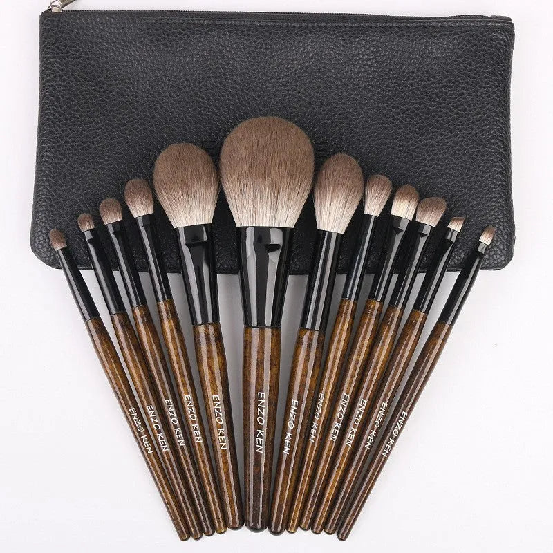 12-piece makeup brush set with wooden handles in PU travel case including powder foundation brush