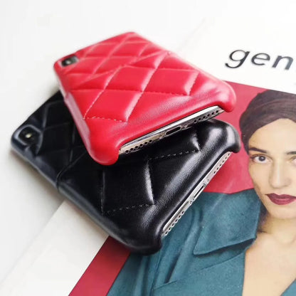 Leather mobile phone case for iPhone XS Max in black, pink, and red colour options.
