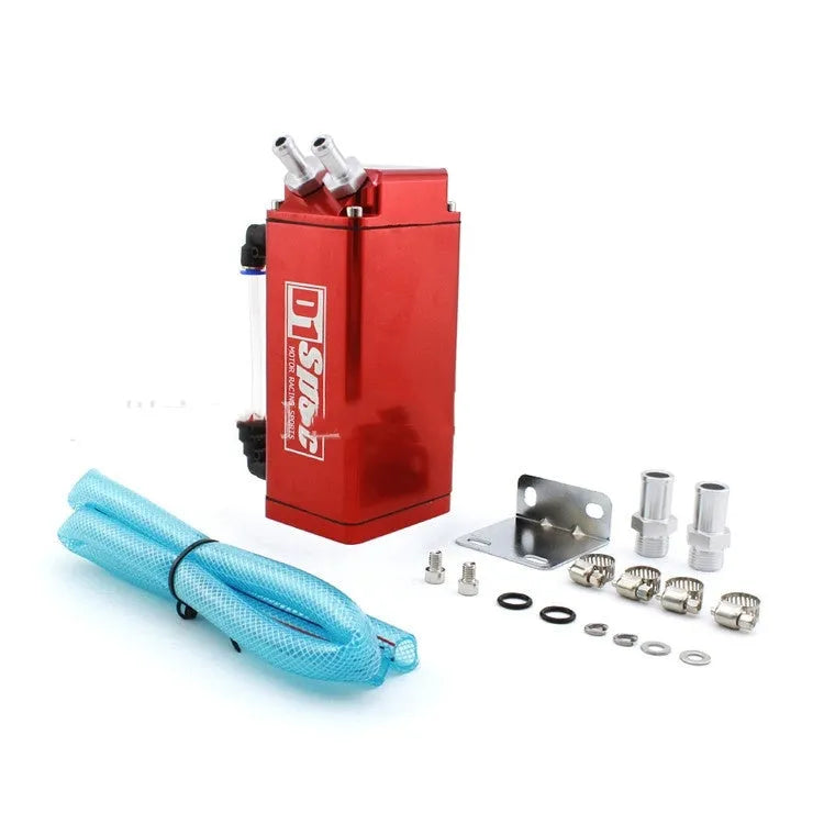 Car engine oil catch tank in metallic finish showing round and square model options