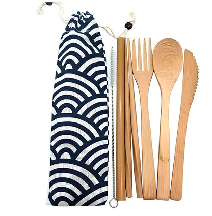 Bamboo travel cutlery set with 7 Japanese-style utensils in carrying pouch for sustainable dining