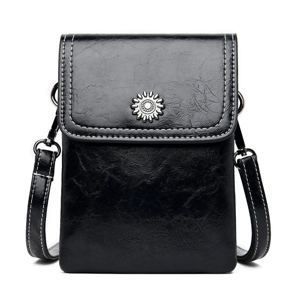 Stylish crossbody bag with mobile phone pocket, available in yellow, black, and brown colors