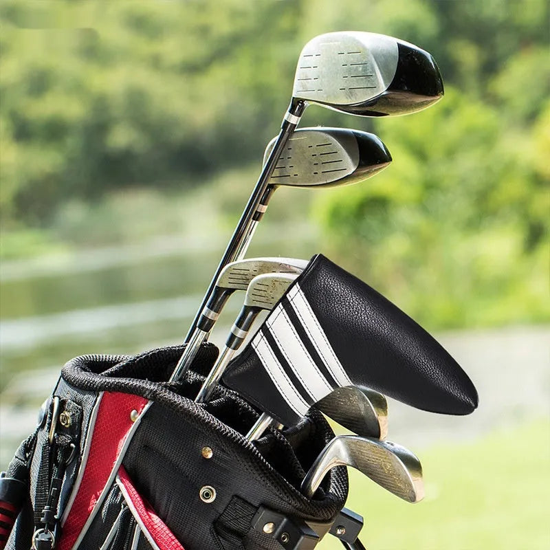 Black PU leather golf push rod case for club protection, showing sleek design and sleeve fit.