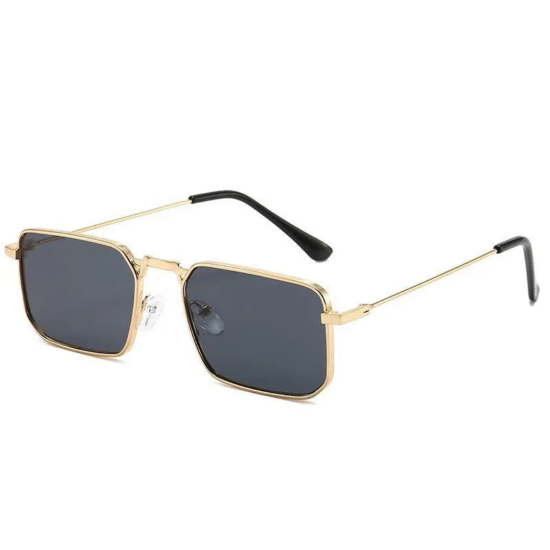 Square men's steampunk sunglasses with a quadrilateral frame, shown in gold, silver, and black colour options.