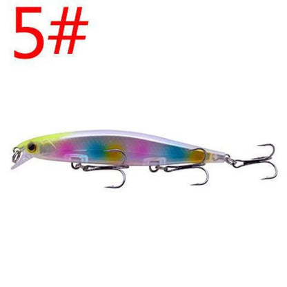 11cm submerged minnow fishing lure with slow-sink tossing action, shown in one of eight available colours.
