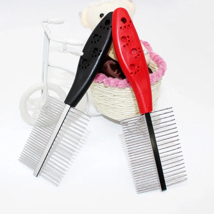 Red double-row pet grooming comb with stainless steel teeth and plastic handle showing sparse and dense sides