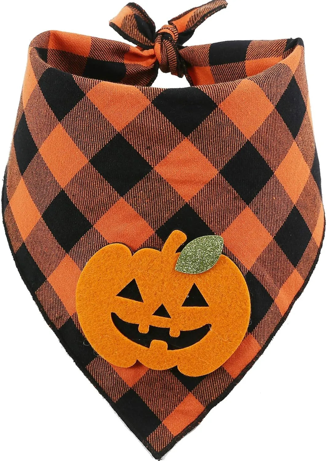 Orange plaid Halloween dog bandana with white skeleton and pumpkin felt appliques