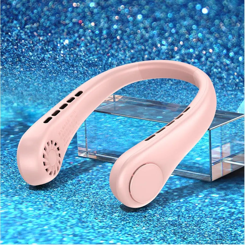 White bladeless hanging neck fan worn around a person's neck showing its snake-like shape and annular air outlet.
