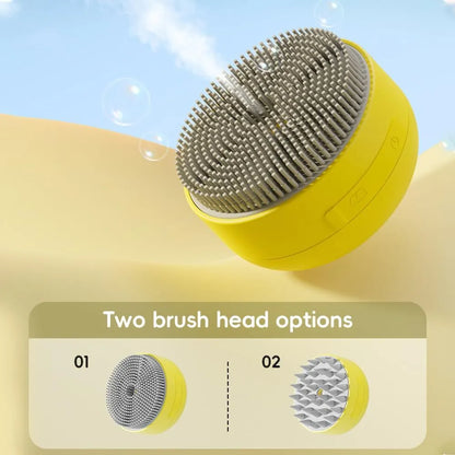 Green and yellow cat steam brush with silicone bristles for grooming pets, measuring 85x85x52mm