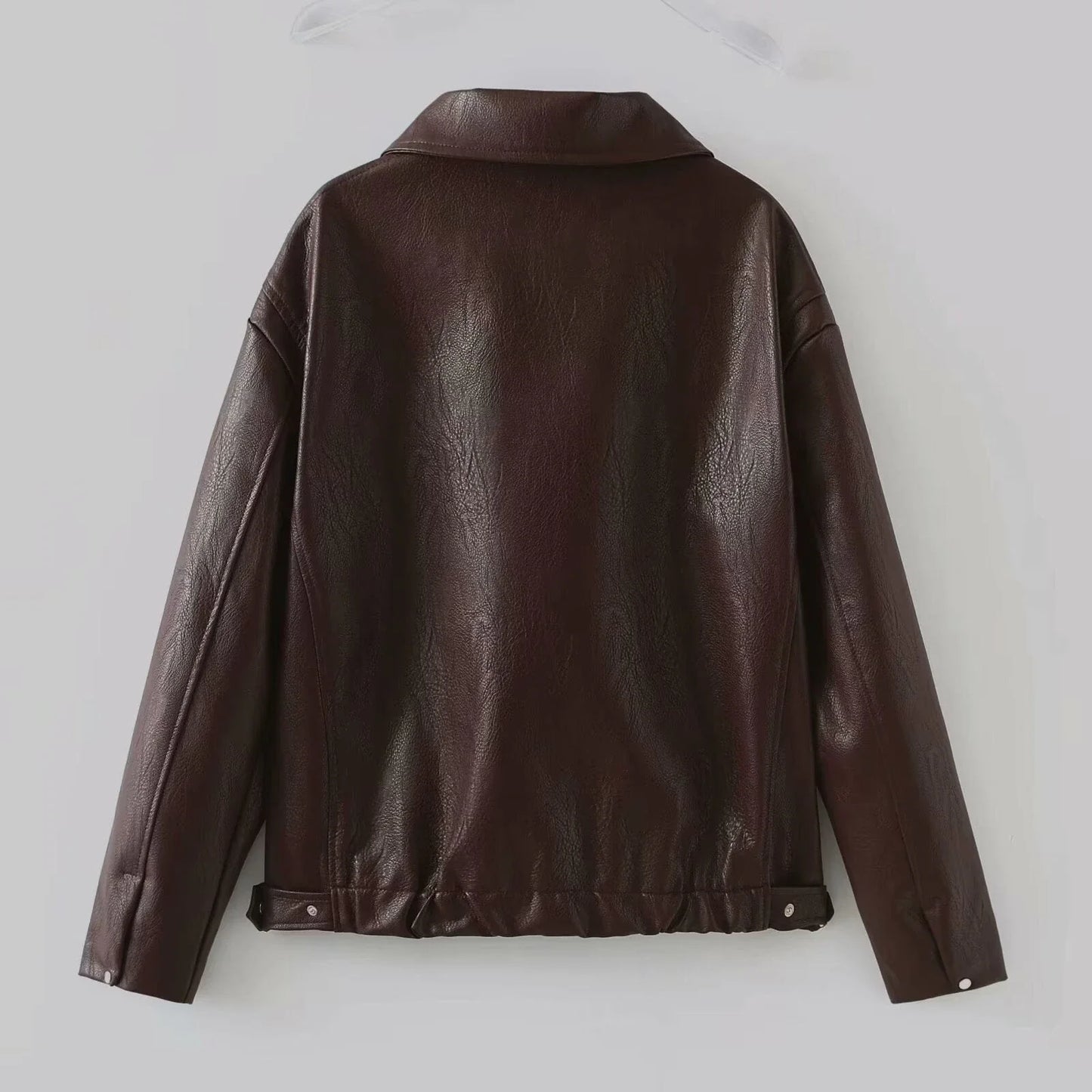 Stylish faux leather jacket with zip-up closure and lapel collar, available in burgundy and black colors