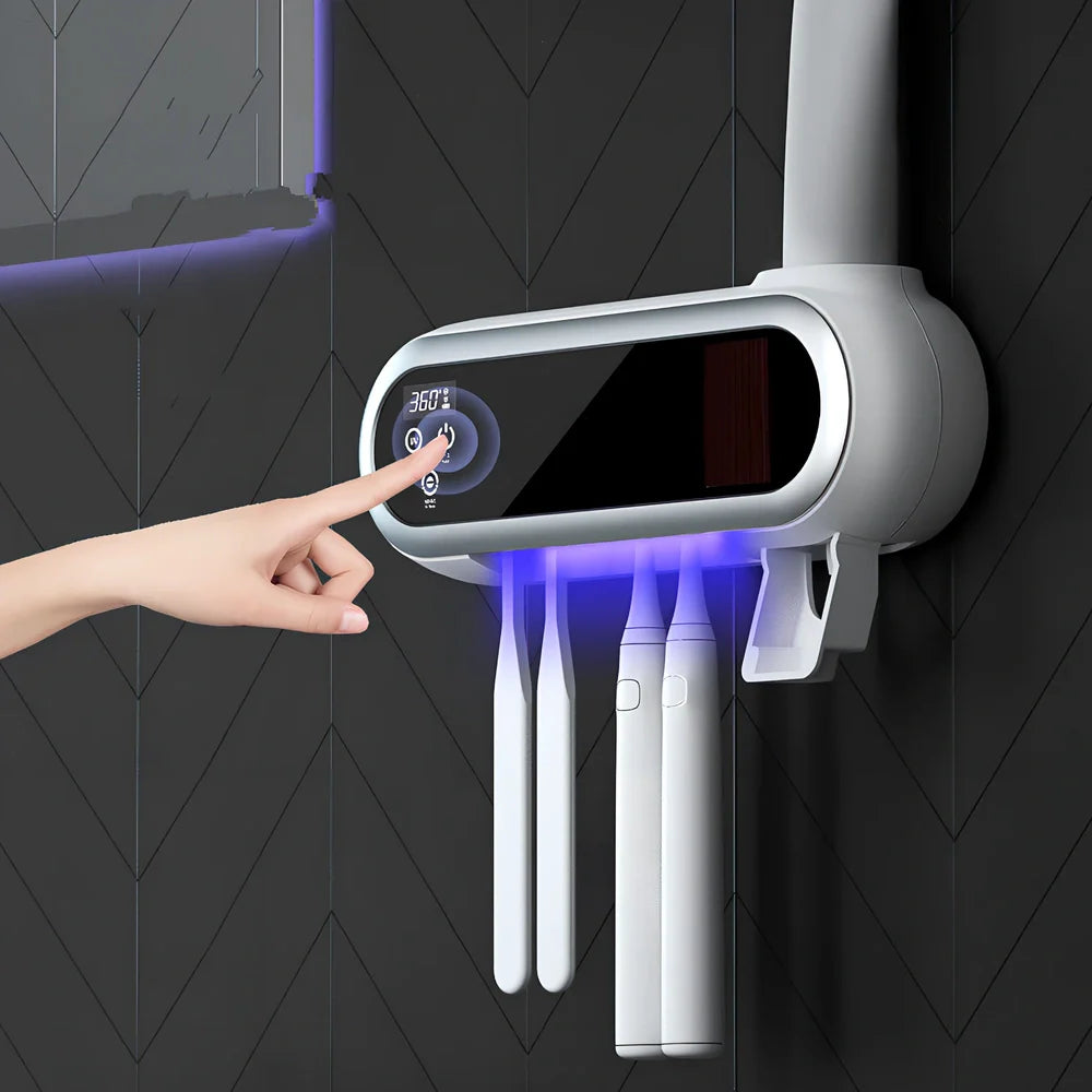 Smart UV toothbrush steriliser showing 233mm chamber and USB charging port with fireproof ABS housing