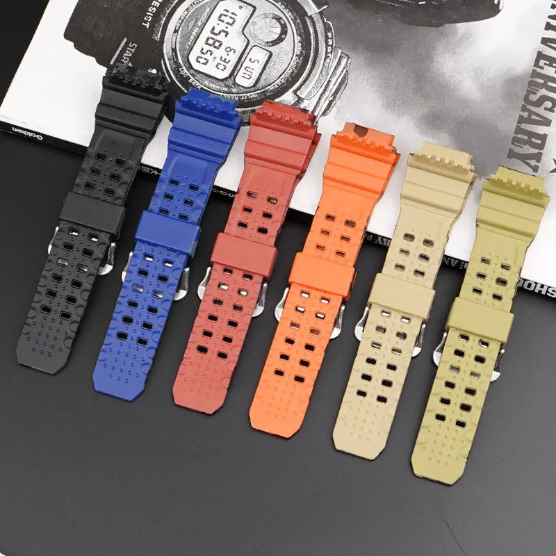 Camouflage pattern TPU watchband with silver buckle showing 12+7cm length and 2mm thickness
