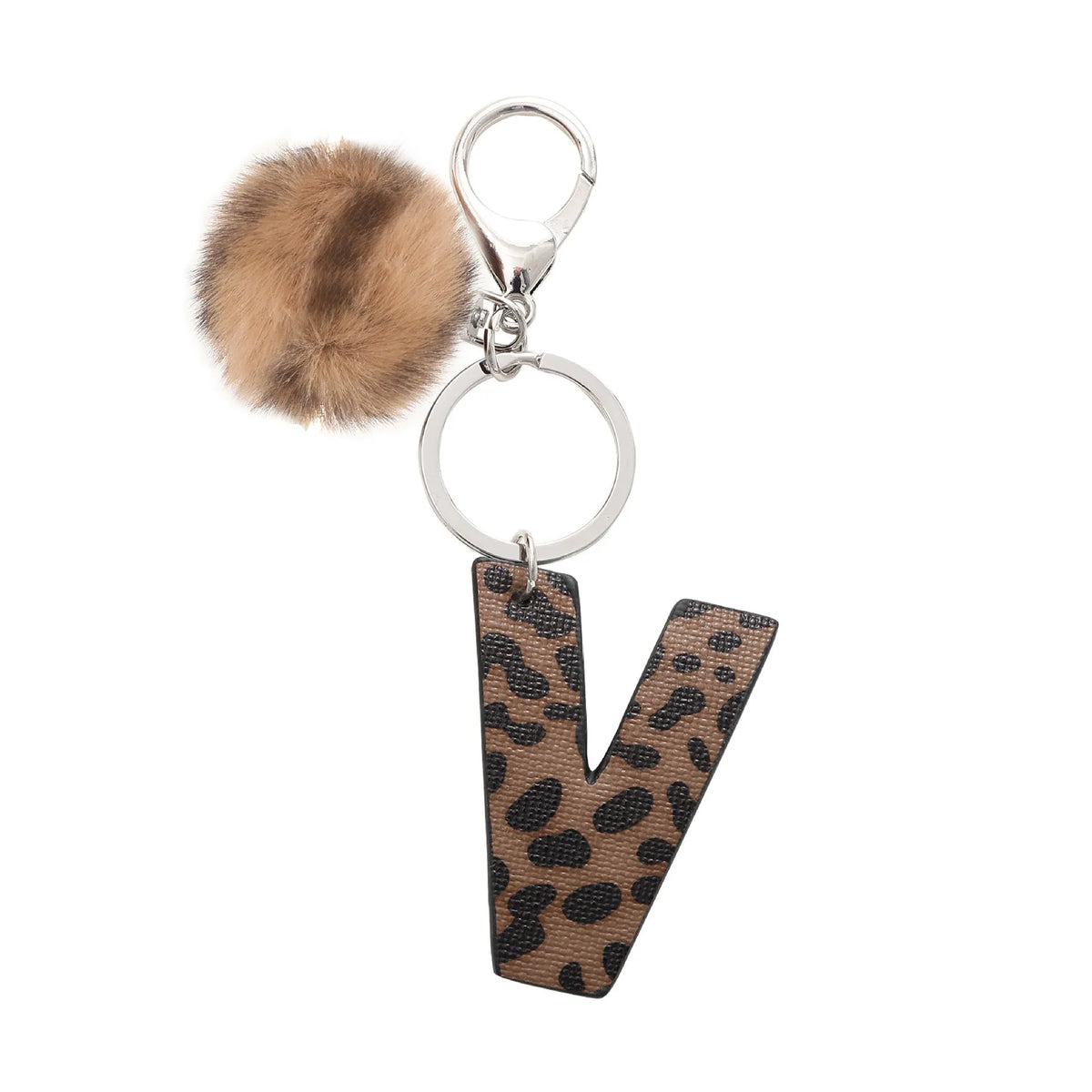 Leopard-print artificial leather keychain with oil-edged acrylic letter and included key ring, retro style