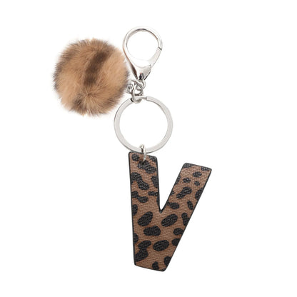 Leopard-print artificial leather keychain with oil-edged acrylic letter and included key ring, retro style