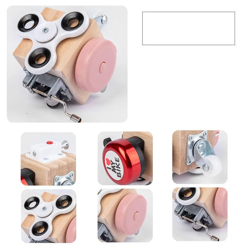 Wooden 7-in-1 busy board for toddlers, 15x11x13.5cm, with locks, spinning tops, and cube puzzle
