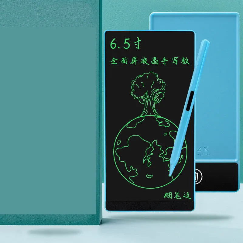 Blue student LCD handwriting board with 6.5 inch screen and stylus on a desk.