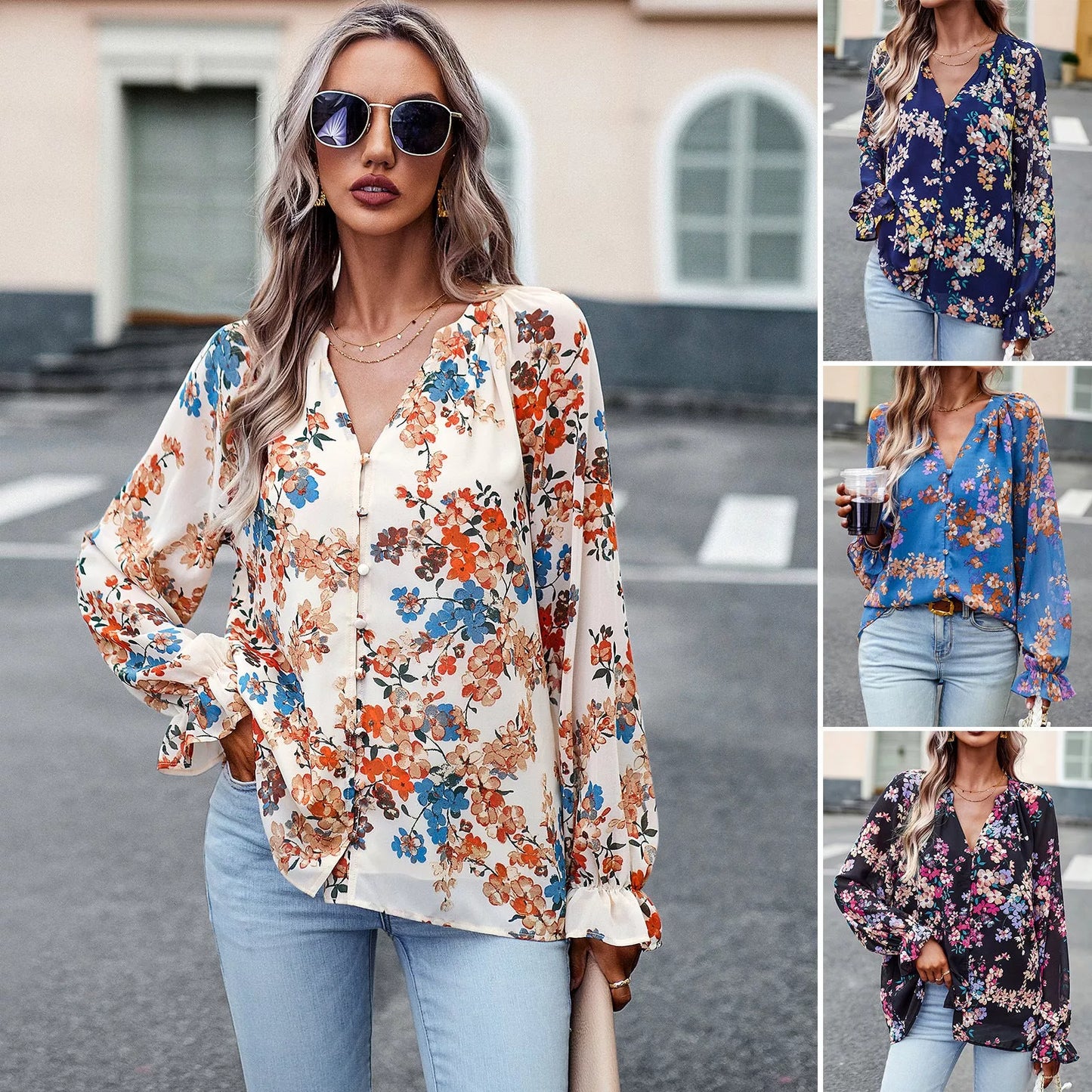 Women's floral print V-neck long sleeve chiffon blouse in black, blue, and apricot