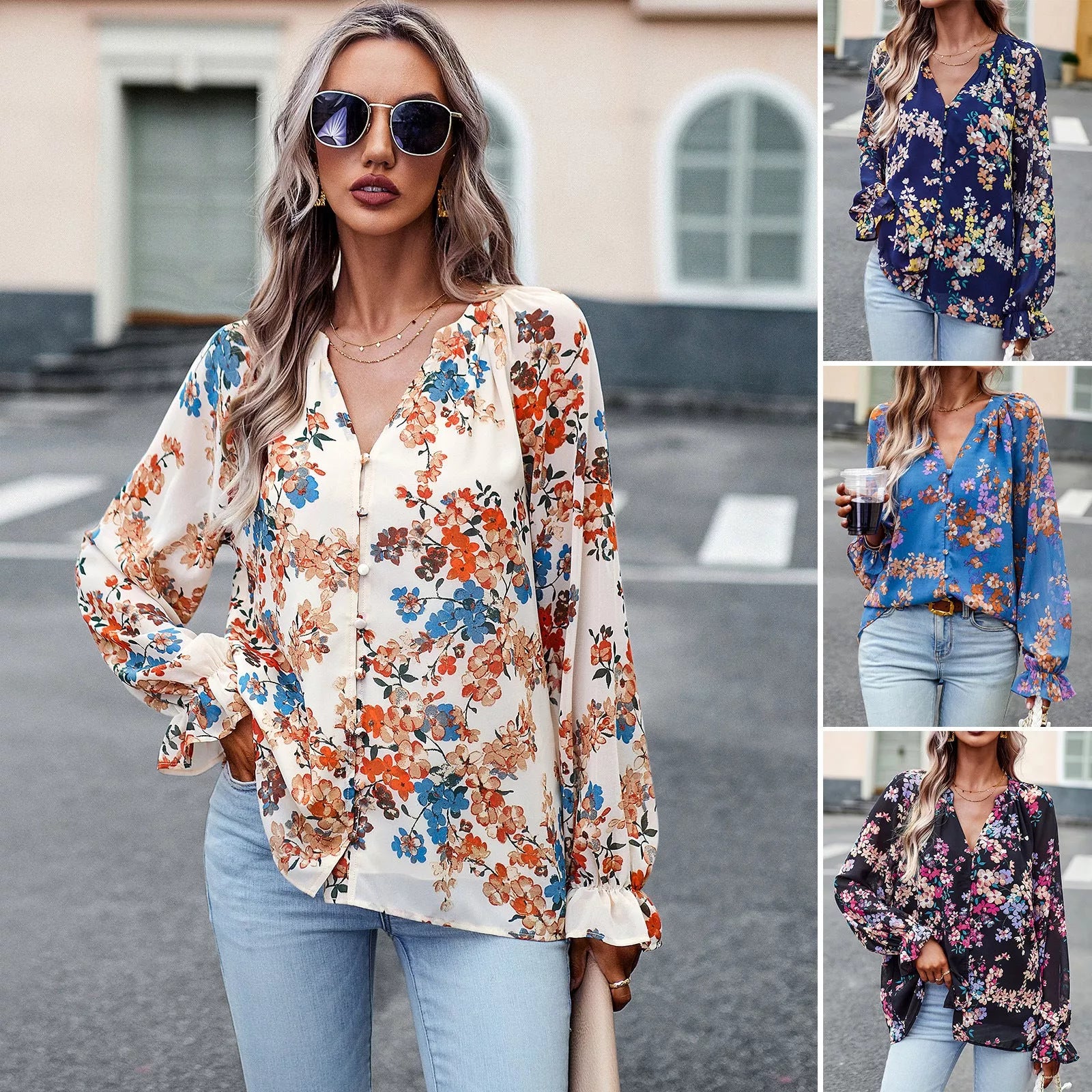 Women's floral print V-neck long sleeve chiffon blouse in black, blue, and apricot