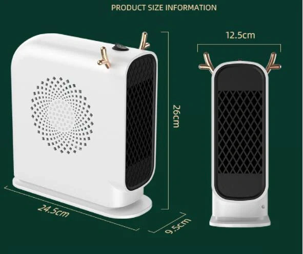 Compact desktop heater in white, green, or yellow with dual-speed control for small spaces