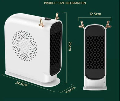 Compact desktop heater in white, green, or yellow with dual-speed control for small spaces