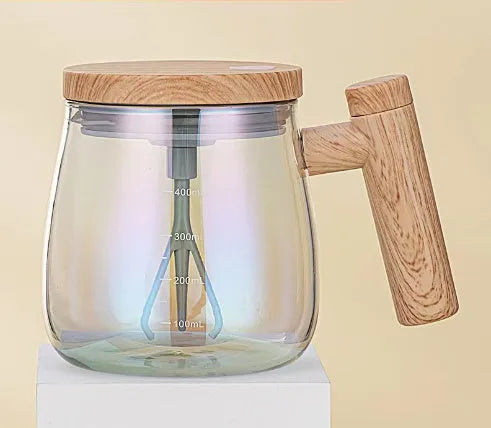 Clear borosilicate glass self-stirring coffee mug with 400ml capacity and electric mixing button