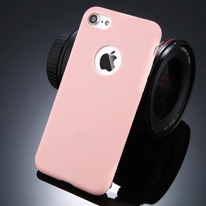 Soft silicon TPU iPhone case in candy colours like pink and navy blue, showing slim 0.5cm thickness and full coverage for back and sides.