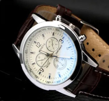 Men's quartz watch with blu-ray colourful glass, three-eye dial, black or brown belt, black or white dial.