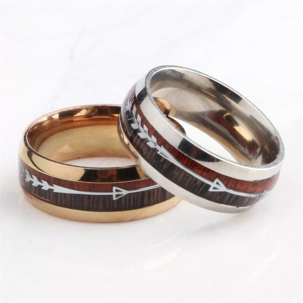 Stainless Steel Wood Grain Arrow Inlaid Ring for Men in black, rose gold, and silver