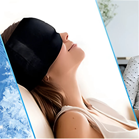 Black elastic gel headache relief mask laid flat showing eye contours and adjustable headband.