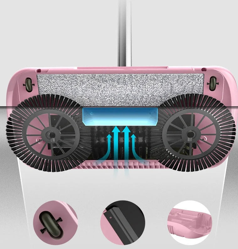 3-in-1 hand push sweeper with broom, dustpan, and trash bin in pink and blue colors