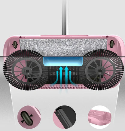 3-in-1 hand push sweeper with broom, dustpan, and trash bin in pink and blue colors