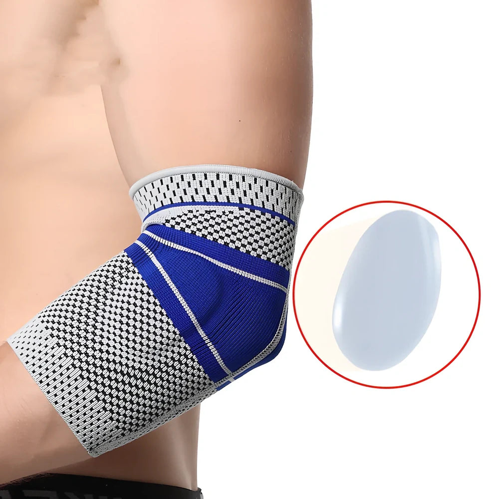 Grey knitted sports elbow pads with 3D compression fabric for basketball and badminton