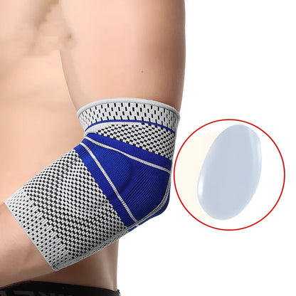 Grey knitted sports elbow pads with 3D compression fabric for basketball and badminton